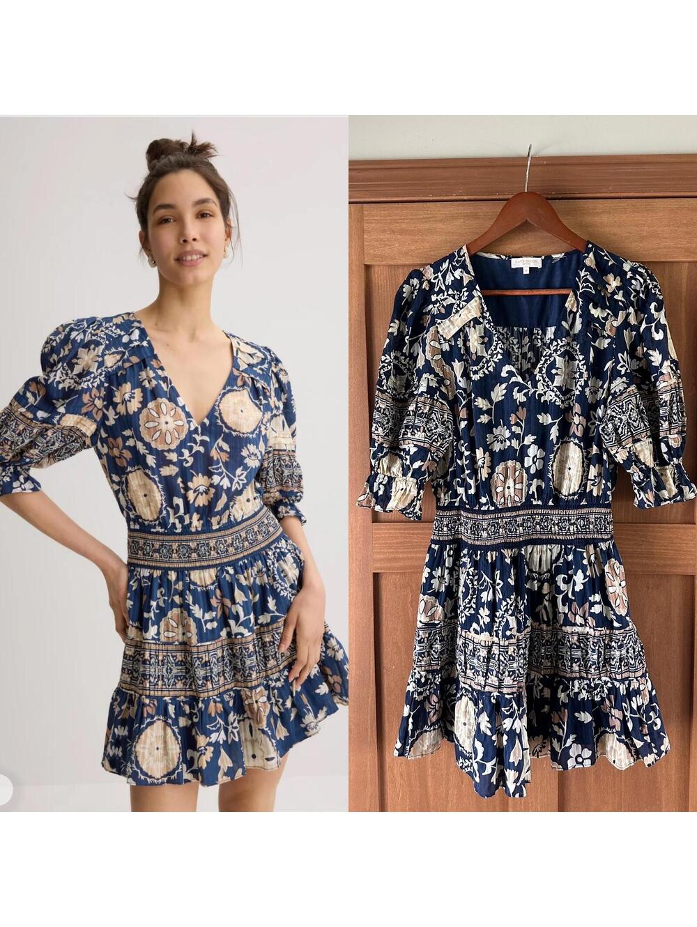 Ramy Brook Barbara Puff Sleeve Mini Sundress Navy Blue Floral Women’s Medium